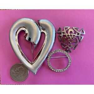 Silver Heart Celtic Rhinestone Heart Pin Brooch Starter Set Lot of 3
